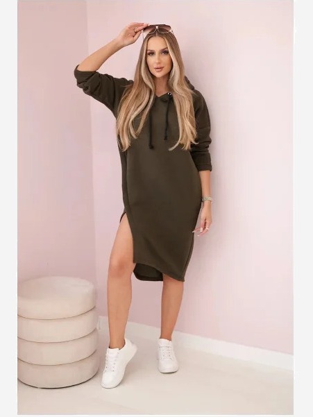 Šaty s kapucňou a bočným rozparkom khaki