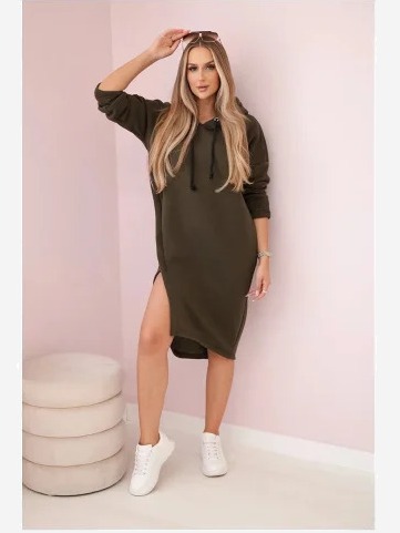 Šaty s kapucňou a bočným rozparkom khaki