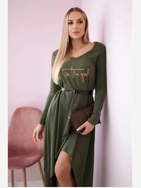 Šaty s ozdobným opaskom a nápisom khaki
