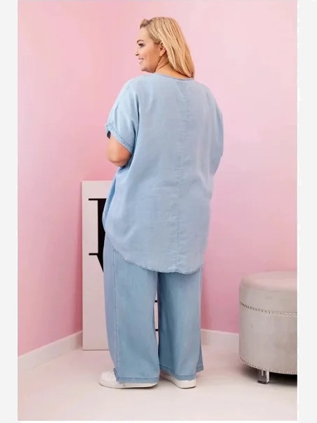Dámsky komplet Plus Size z tencelu blúzka a nohavice s viazaním svetlo džínsový
