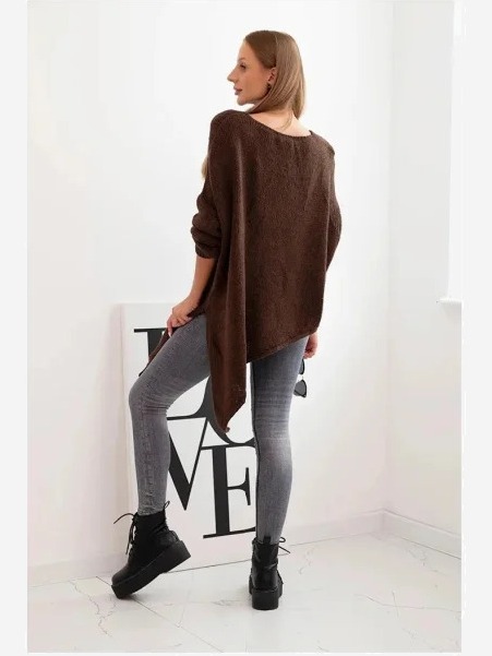 Dámsky asymetrický sveter z vlny Plus Size s výstrihom do V hnedý
