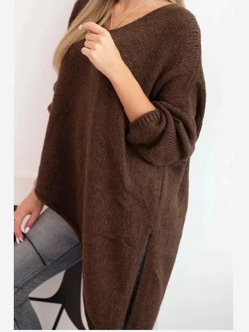Dámsky asymetrický sveter z vlny Plus Size s výstrihom do V hnedý