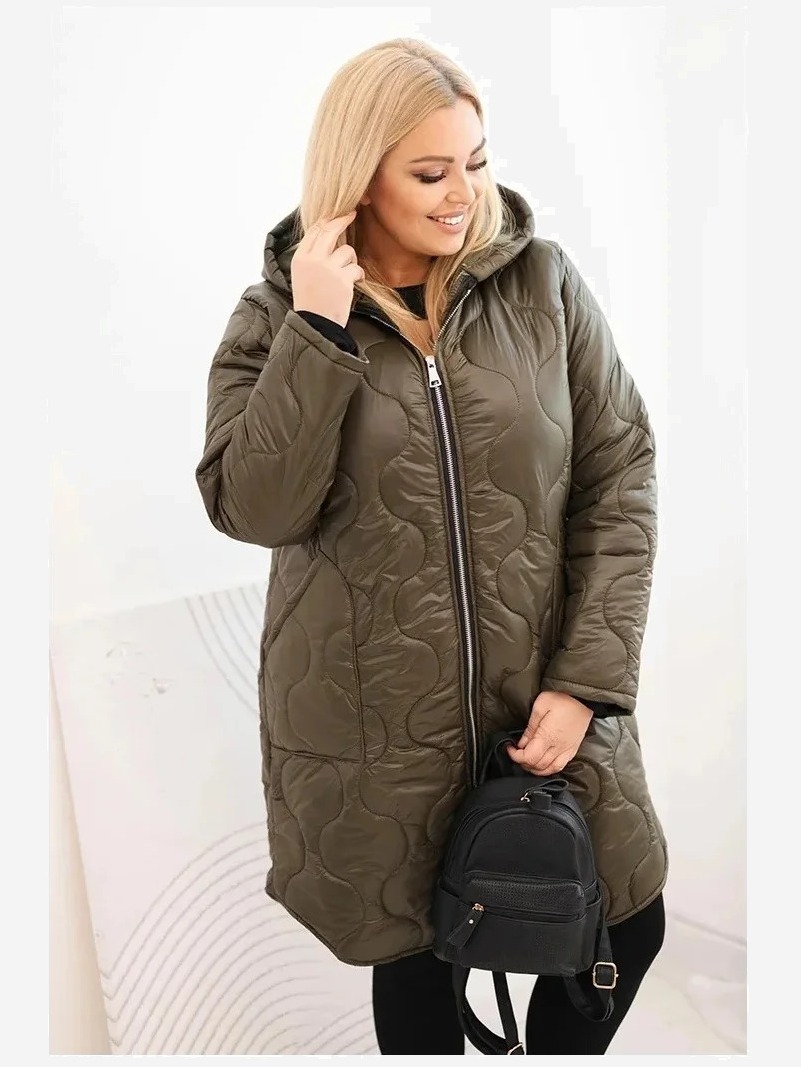Dámska zimná prešívaná bunda Plus Size s kapucňou khaki