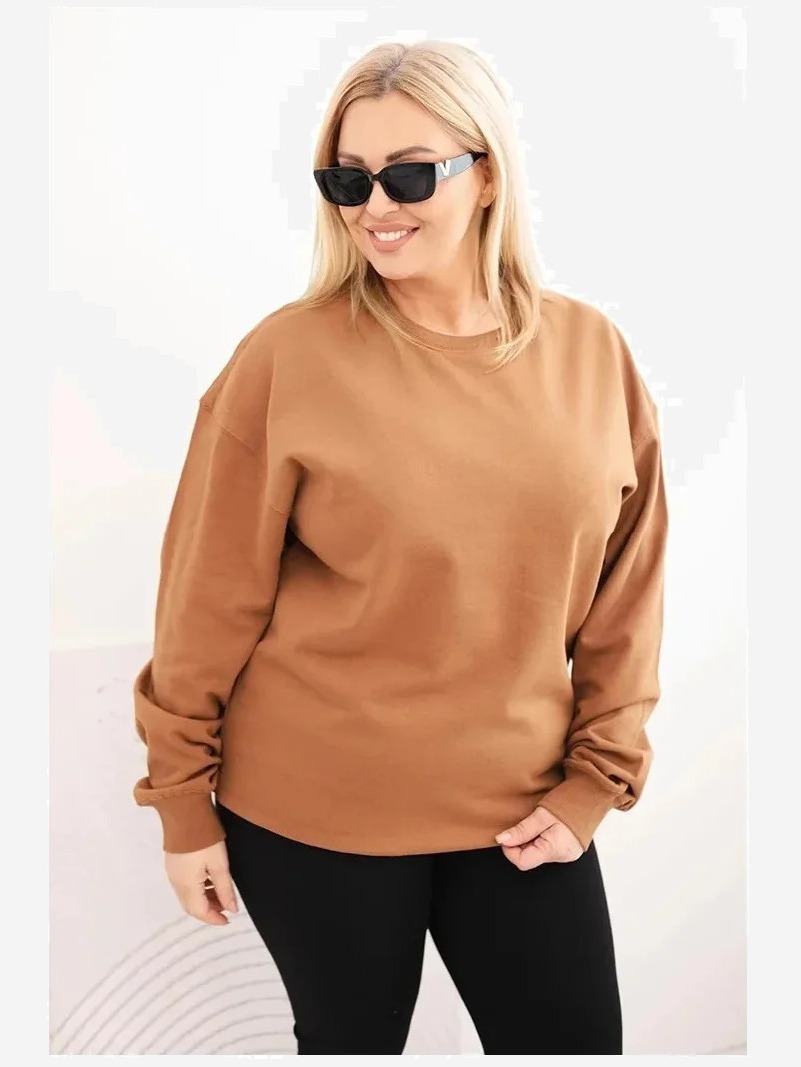 Dámska mikina s okrúhlym výstrihom Plus Size bavlnená basic camelová