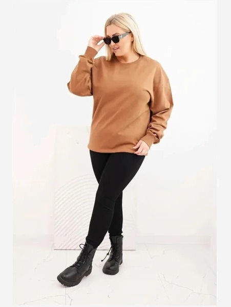 Dámska mikina s okrúhlym výstrihom Plus Size bavlnená basic camelová