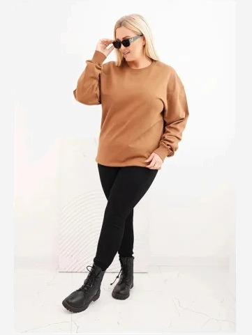 Dámska mikina s okrúhlym výstrihom Plus Size bavlnená basic camelová
