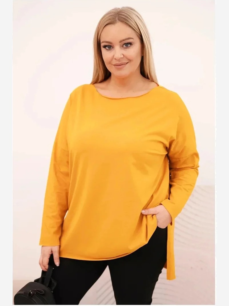 Dámska blúzka Plus Size asymetrická s dlhým rukávom horčicová