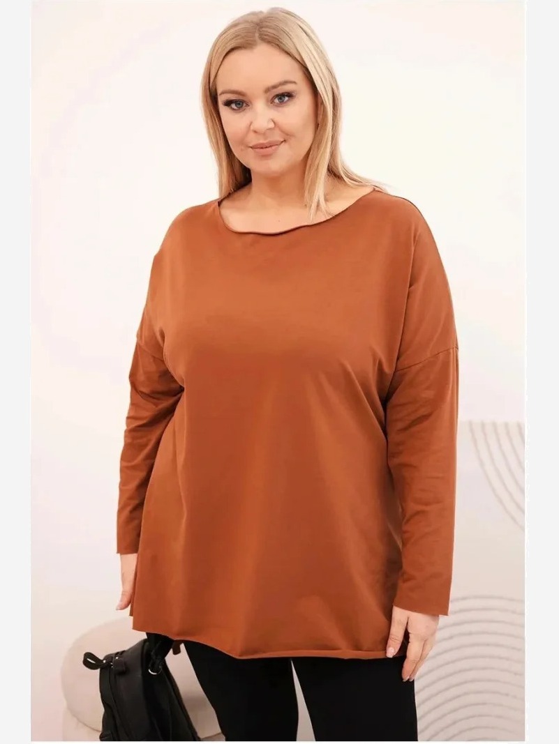 Dámska blúzka Plus Size asymetrická s dlhým rukávom tmavohnedá camel
