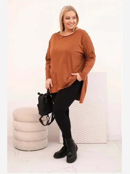Dámska blúzka Plus Size asymetrická s dlhým rukávom tmavohnedá camel