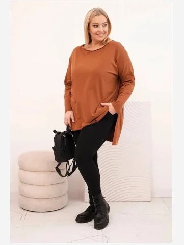 Dámska blúzka Plus Size asymetrická s dlhým rukávom tmavohnedá camel