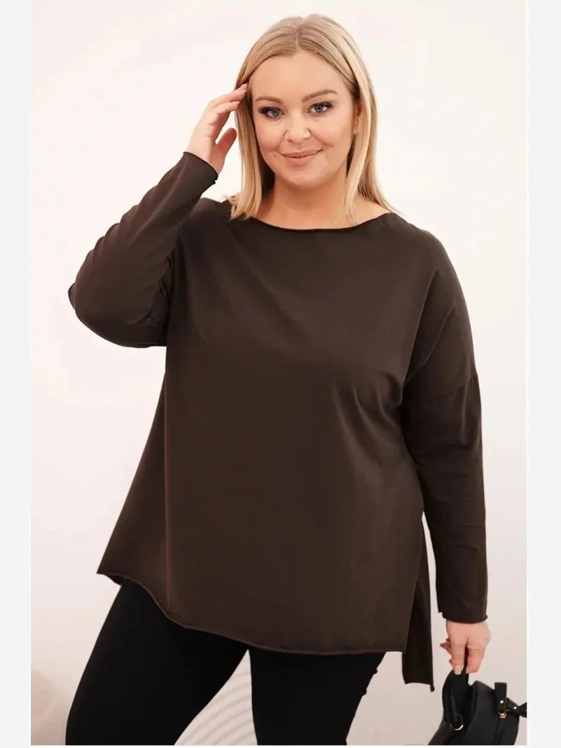 Dámska bavlnená blúzka Plus Size asymetrická s dlhým rukávom hnedá
