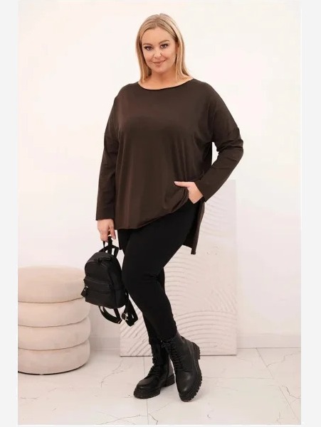 Dámska bavlnená blúzka Plus Size asymetrická s dlhým rukávom hnedá