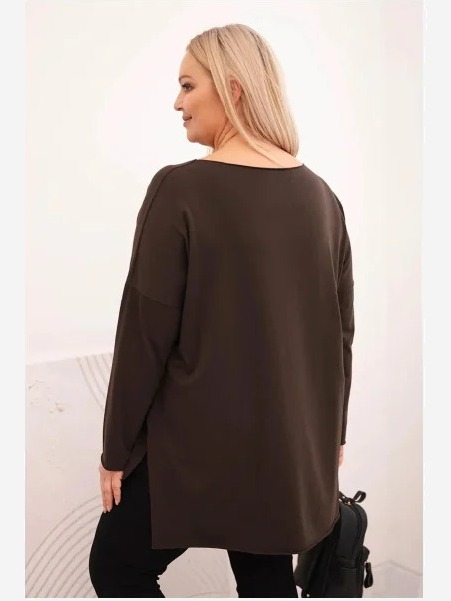 Dámska bavlnená blúzka Plus Size asymetrická s dlhým rukávom hnedá