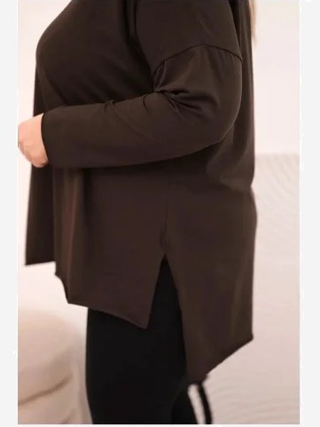 Dámska bavlnená blúzka Plus Size asymetrická s dlhým rukávom hnedá