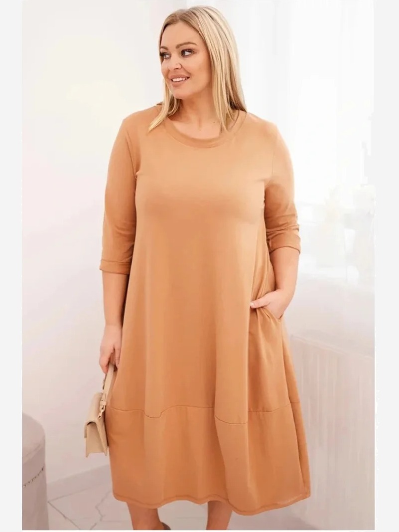 Dámska bavlnená sukňa Plus Size s ohrnutým rukávom a vreckami camelová