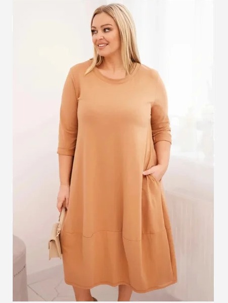 Dámska bavlnená sukňa Plus Size s ohrnutým rukávom a vreckami camelová