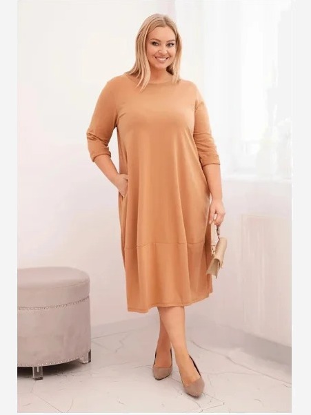 Dámska bavlnená sukňa Plus Size s ohrnutým rukávom a vreckami camelová