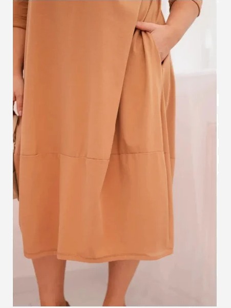 Dámska bavlnená sukňa Plus Size s ohrnutým rukávom a vreckami camelová