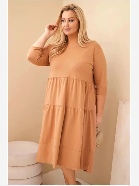 Dámska bavlnená sukňa Plus Size s volánmi a podhnutým rukávom camelová