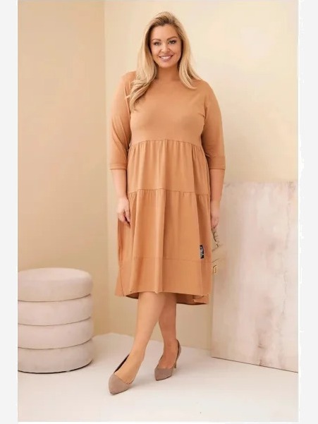 Dámska bavlnená sukňa Plus Size s volánmi a podhnutým rukávom camelová