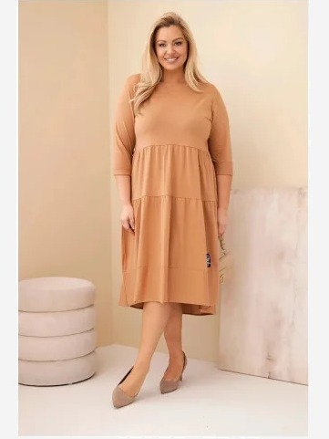 Dámska bavlnená sukňa Plus Size s volánmi a podhnutým rukávom camelová