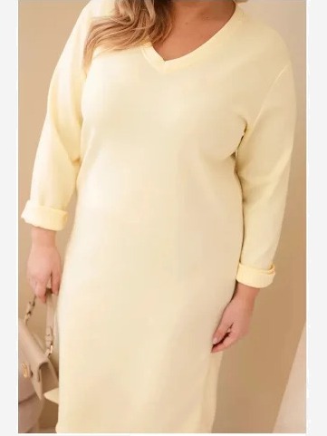 Dámska plus size sukňa maslová s výstrihom V a rukávom žltá