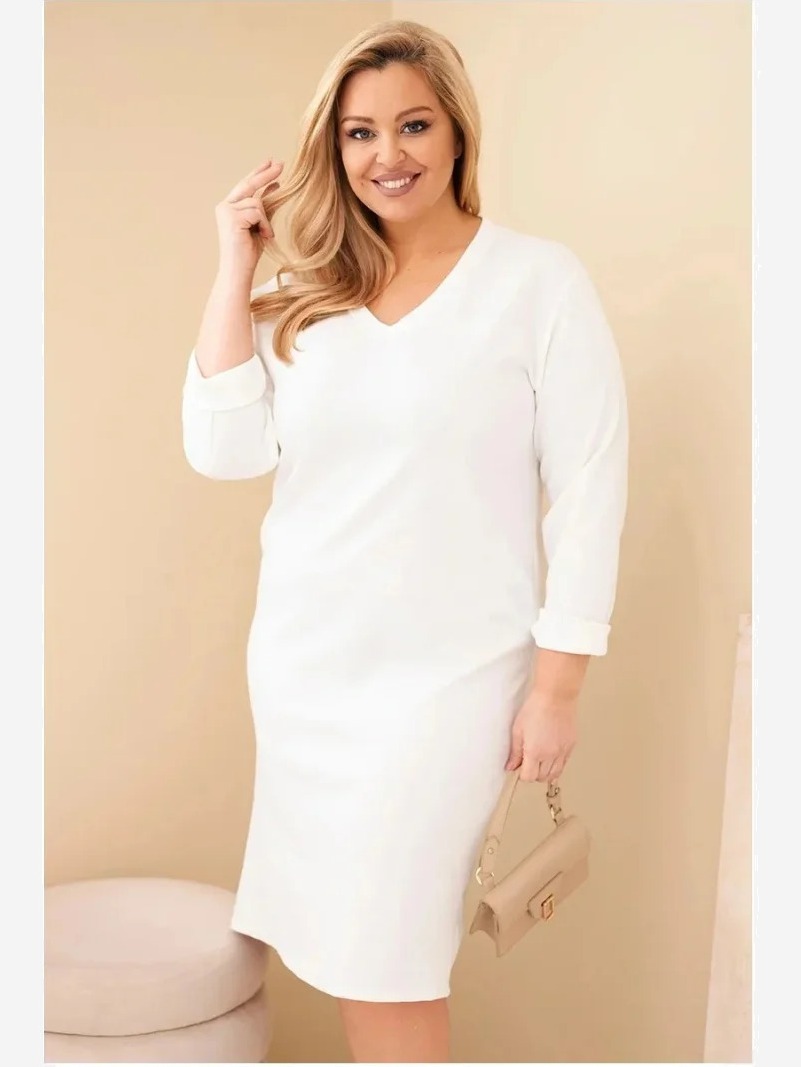 Dámska sukňa Plus Size maslová s výstrihom V a rukávom biela