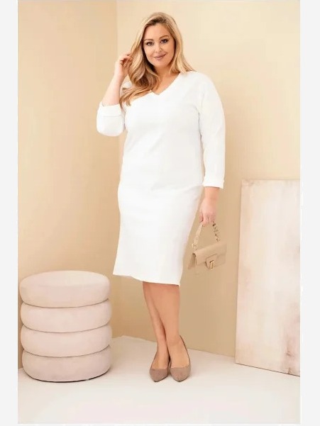 Dámska sukňa Plus Size maslová s výstrihom V a rukávom biela