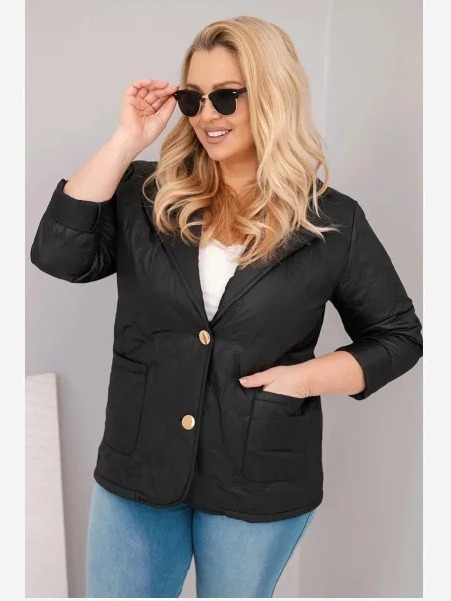 Dámska bunda Plus Size prešívaná s kvetmi s golierom a vreckami čierna