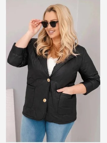 Dámska bunda Plus Size prešívaná s kvetmi s golierom a vreckami čierna