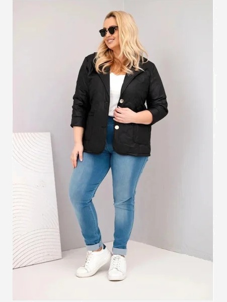 Dámska bunda Plus Size prešívaná s kvetmi s golierom a vreckami čierna