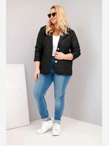 Dámska bunda Plus Size prešívaná s kvetmi s golierom a vreckami čierna