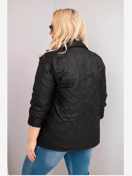 Dámska bunda Plus Size prešívaná s kvetmi s golierom a vreckami čierna