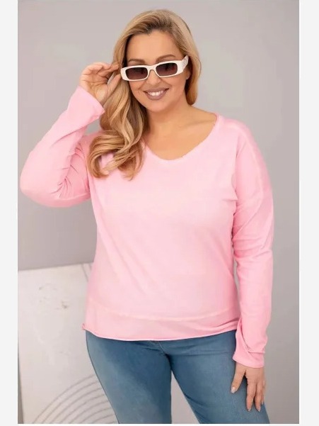 Dámska blúzka Plus Size s V výstrihom a dlhším zadným dielom svetloružová