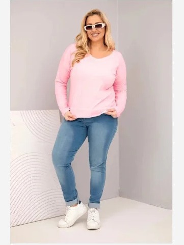 Dámska blúzka Plus Size s V výstrihom a dlhším zadným dielom svetloružová