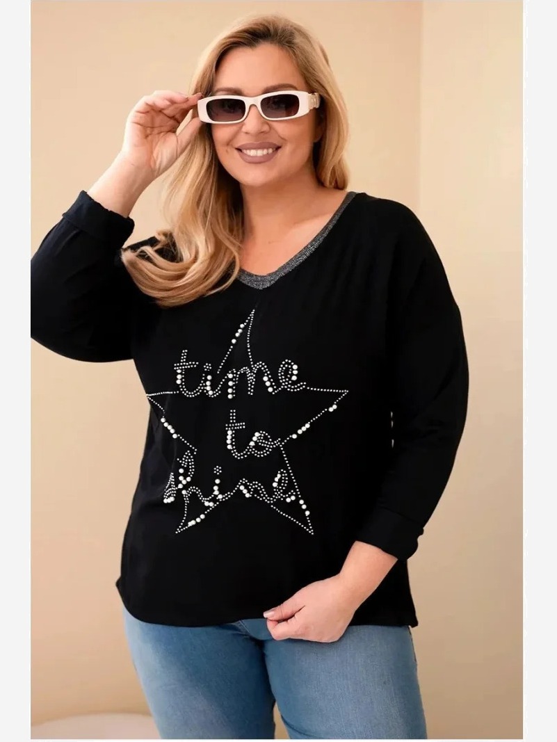 Dámska blúzka Plus Size so sieťovaním a nápisom a perlami čierna