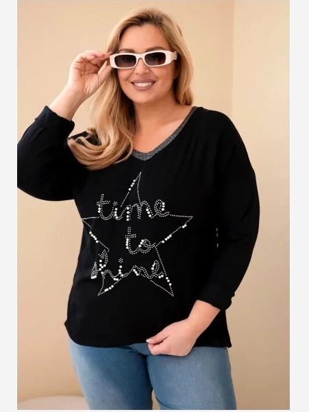 Dámska blúzka Plus Size so sieťovaním a nápisom a perlami čierna