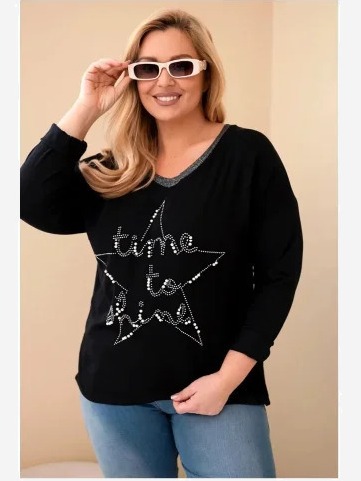 Dámska blúzka Plus Size so sieťovaním a nápisom a perlami čierna