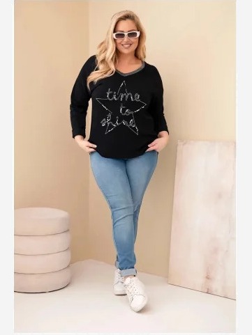 Dámska blúzka Plus Size so sieťovaním a nápisom a perlami čierna