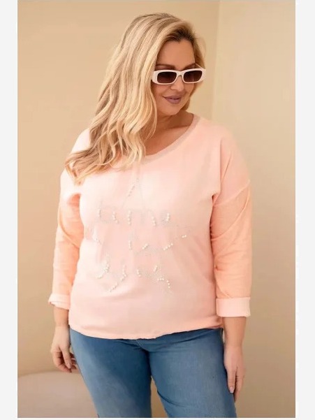 Dámska blúzka Plus Size s potlačou a perlami broskyňová