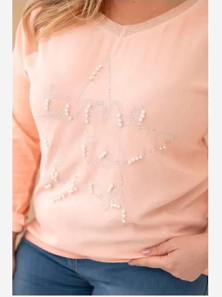 Dámska blúzka Plus Size s potlačou a perlami broskyňová