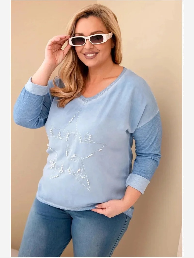 Dámska blúzka Plus Size s potlačou a perličkami riflová modrá