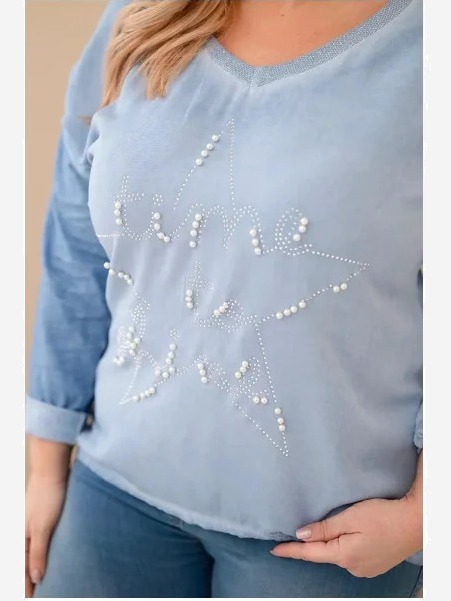 Dámska blúzka Plus Size s potlačou a perličkami riflová modrá