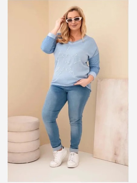 Dámska blúzka Plus Size s potlačou a perličkami riflová modrá