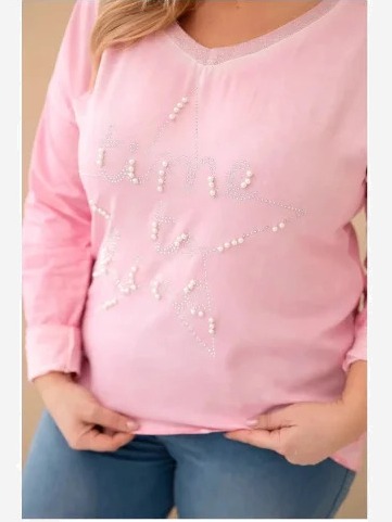 Dámska blúzka Plus Size s potlačou a perlami svetloružová