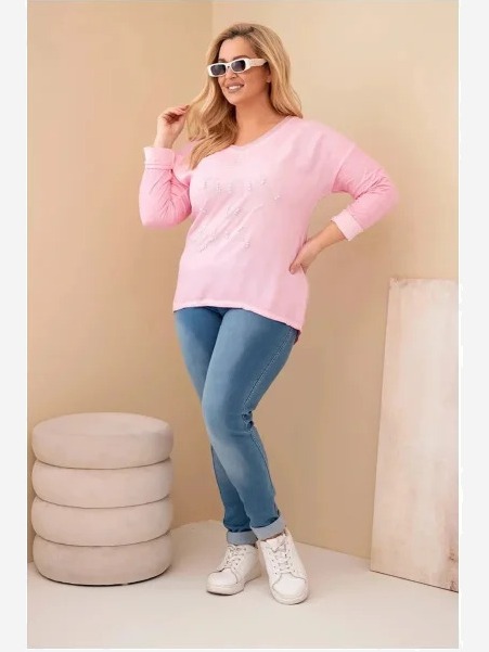 Dámska blúzka Plus Size s potlačou a perlami svetloružová