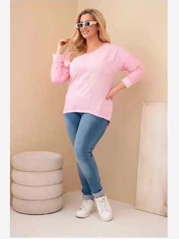 Dámska blúzka Plus Size s potlačou a perlami svetloružová