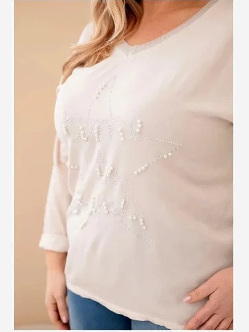 Dámska blúzka Plus Size s potlačou a perličkami béžová
