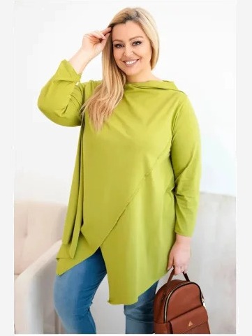 Dámska bavlnená blúzka Plus Size asymetrická s prehnutým rukávom olivová