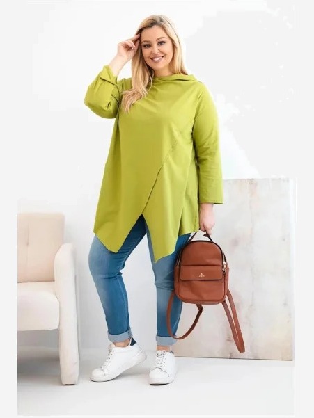 Dámska bavlnená blúzka Plus Size asymetrická s prehnutým rukávom olivová